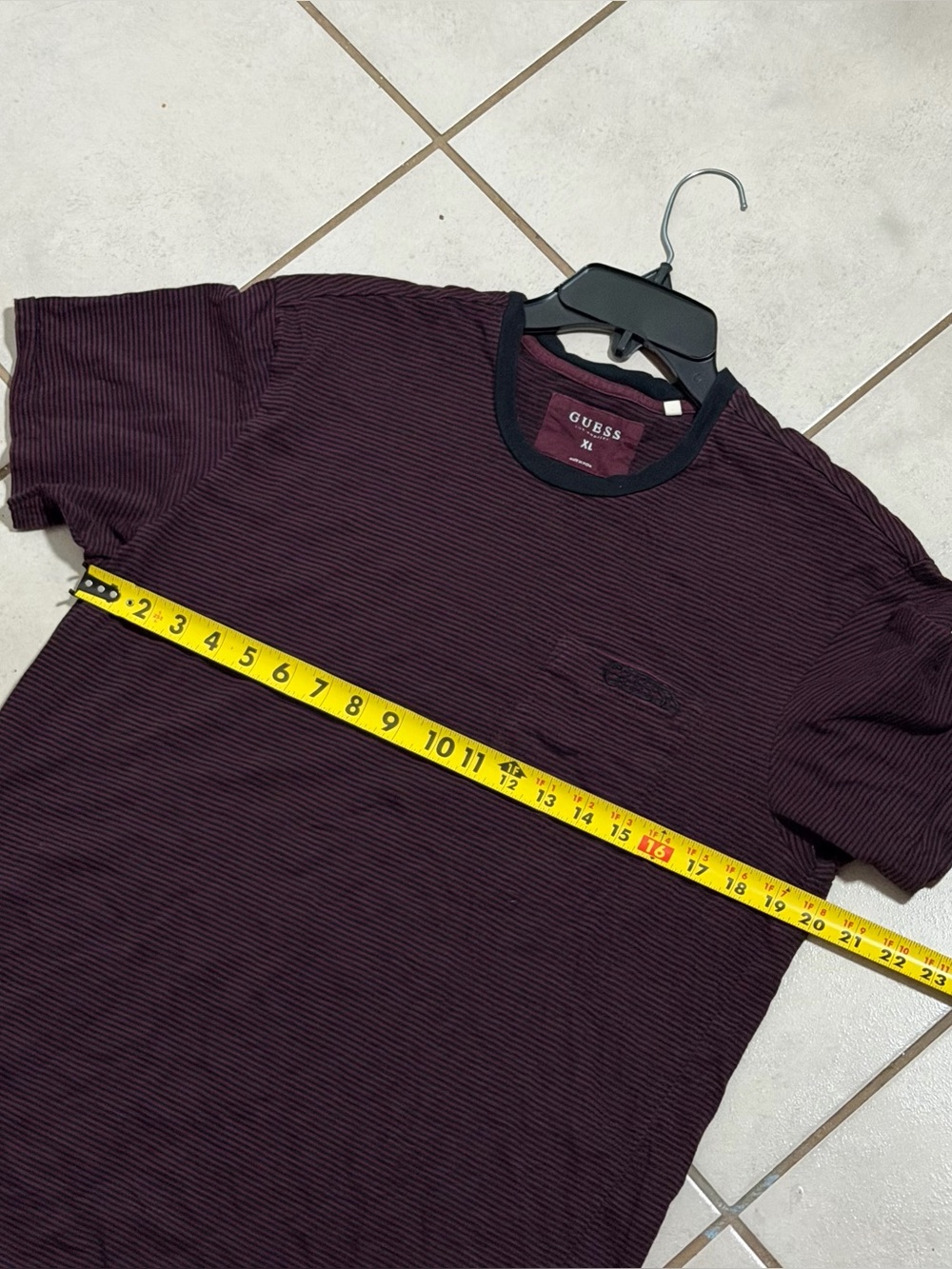 GUESS Men's Casual Preppy Striped Burgundy/Black Short Sleeve Pocket Tee size XL - Picture 8 of 9